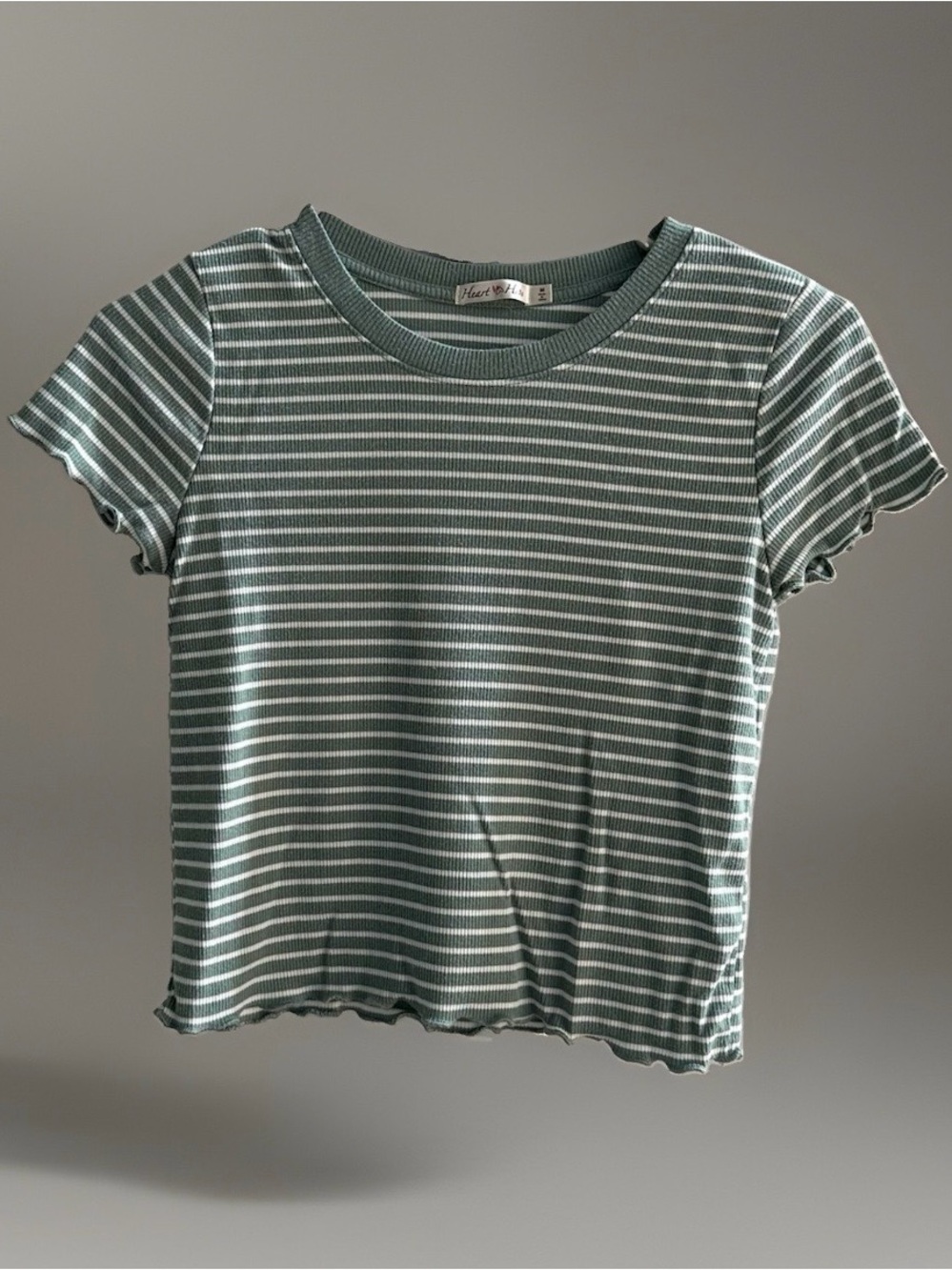 Heart & Hips Ribbed Stripe Baby Tee Green White Lettuce Hem Women’s Medium